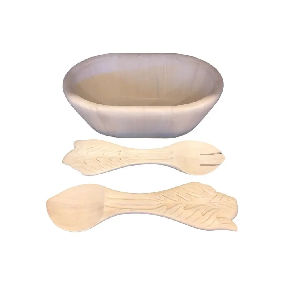 Pottery Barn Medium Wooden Salad Bowl With Carved Tossers Decorative